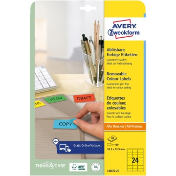 Etykiety usuwalne A4 AVERY [20] 63,5/33,9 żółte